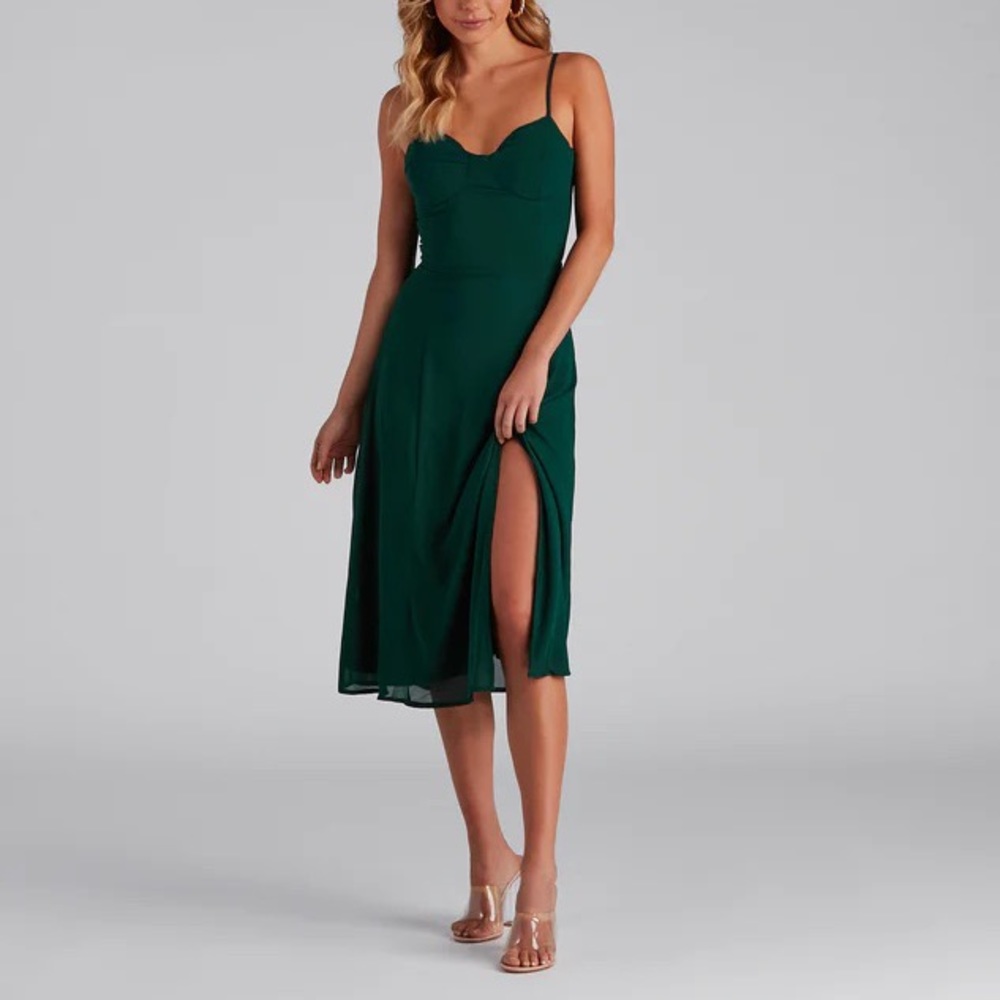 Windsor Flowy Chiffon Midi Dress Hunter Green Sz M
